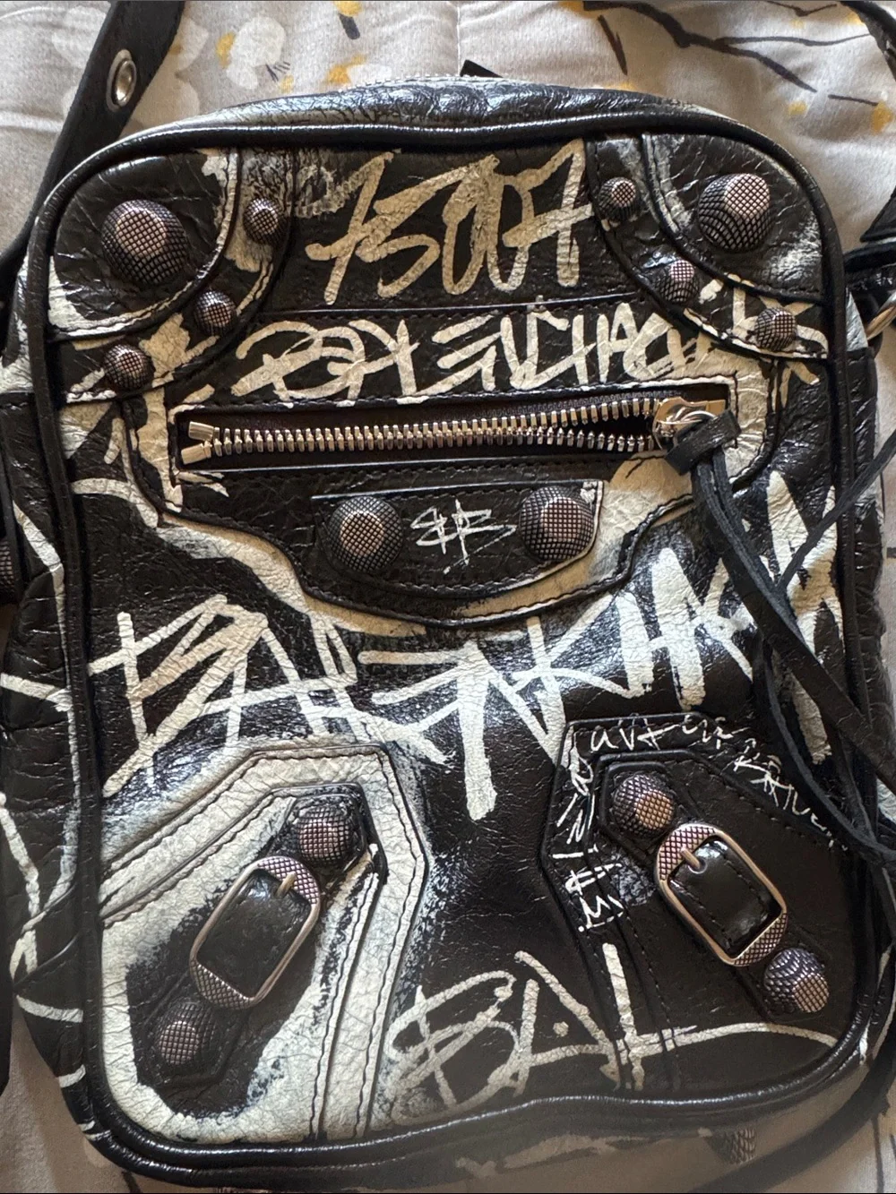 Balenciaga Black and White Graffiti Leather Crossbody Bag